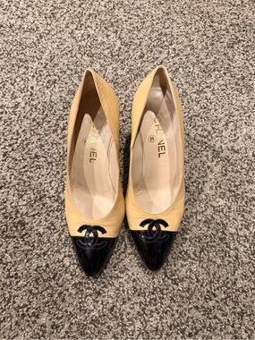 CHANEL Leather Pumps with Black Patent Cap Toe